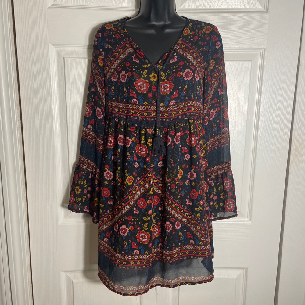 Xhilaration Babydoll Mini Dress Womens XS Black‎ Floral Boho Bell Sleeve Tassel